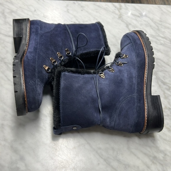 Stuart Weitzman Lug Sole Faux Fur Navy Suede Lace Up Boots Size 7.5 M - Picture 6 of 13